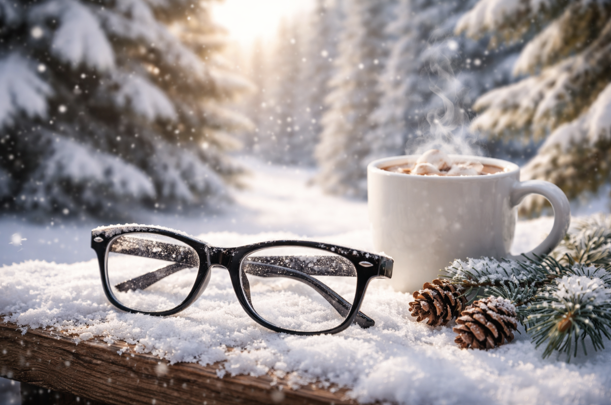 Glasses in winter snow scene with hot beverage